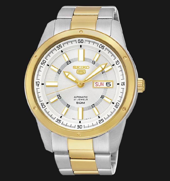 Seiko 5 Sport Automatic นาฬิกาข้อมือผู้ชาย สายสแตนเลส รุ่น SNKN16K1 - สีขาว/ทอง