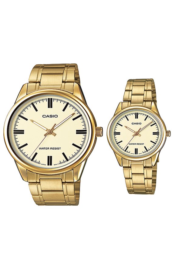 CASIO นาฬิกาข้อมือแบบคู่ สายสแตนเลส รุ่น MTP-V005G-9A + LTP-V005G-9A - Gold