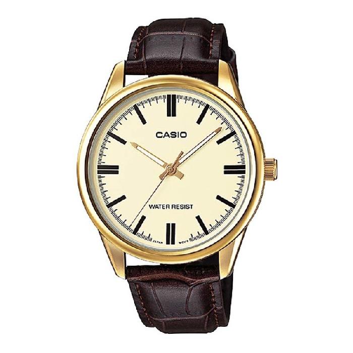 Casio Standard นาฬิกาข้อมือสุภาพบุรุษ - Gold/Brown สายหนัง รุ่น MTP-V005GL-9AUDF