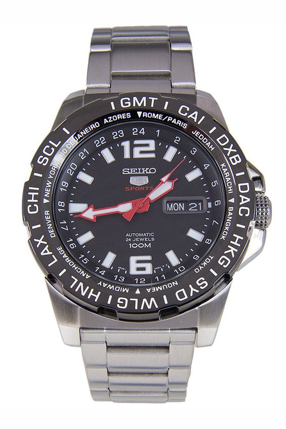 SEIKO 5 Automatic Sports GMT Watch สายสแตนเลส สีเงิน/สีดำ/สีแดง รุ่น SRP685K1