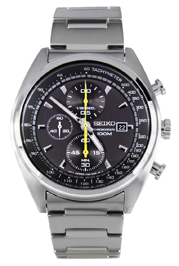 SEIKO Sports Chronograph นาฬิกาข้อมือผู้ชาย สีเงิน/ดำ/เหลือง สายสแตนเลส รุ่น SNDF85P1