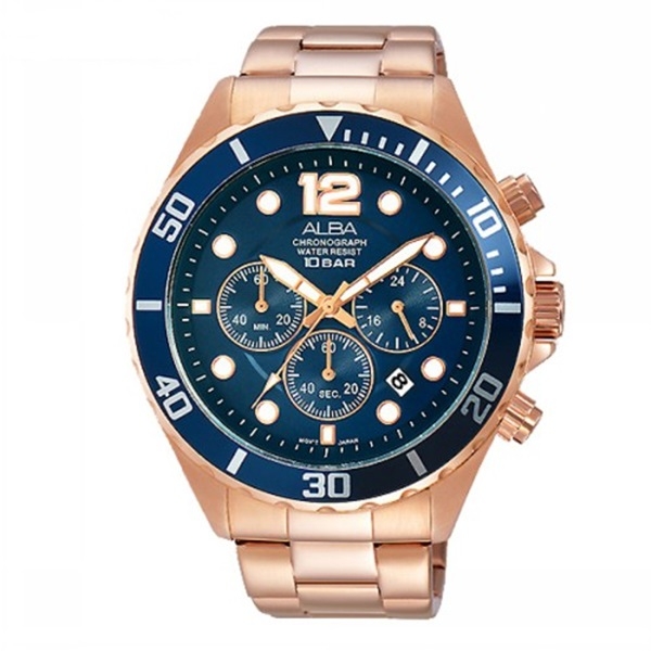 ALBA Chronograph นาฬิกาข้อมือผู้ชาย สีน้ำเงิน/พิงค์โกล สายสแตนเลสสีพิงค์โกล รุ่น AT3904X1