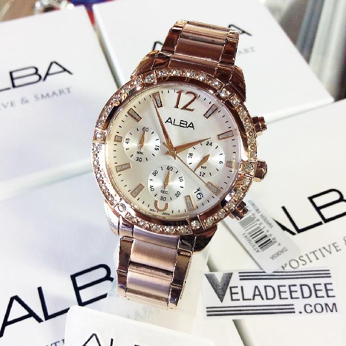 Alba modern ladies Chronograph นาฬิกาข้อมือหญิง  สายสแตนเลสสีพิงค์โกล รุ่น AT3750X1 (PinkGold)
