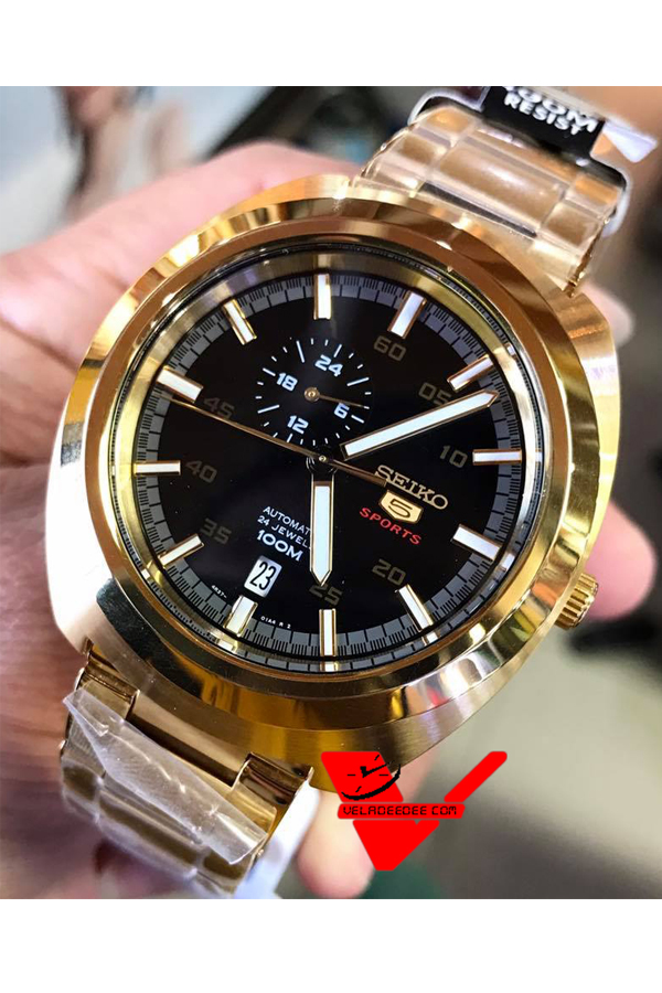 Seiko 5 Sports Men Automatic Watch นาฬิกาข้อมือผู้ชาย สีทอง/ดำ สายสแตนเลสสีทอง รุ่น SSA284K1