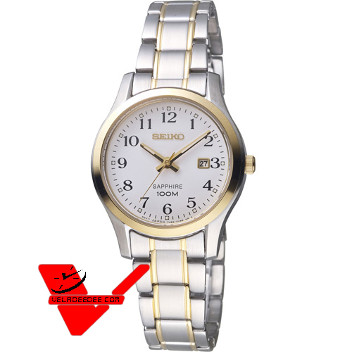 Seiko Sapphire glass นาฬิกาข้อมือผู้หญิง สายสแตนเลสสีทอง รุ่น SXDG90P1