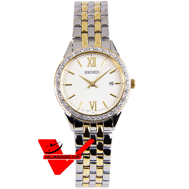 Seiko Crystal Swarovski นาฬิกาข้อมือผู้หญิง สายสแตนเลสสีทองสลับเงิน รุ่น SUR690P1