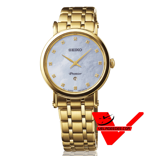 SEIKO Premier Diamond  Sapphire Crystal นาฬิกาข้อมือผู้หญิง สายสแตนเลสสีทอง เพชรแท้ รุ่น SXB434P1