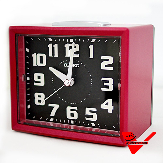 SEIKO นาฬิกาตั้งปลุก เครื่องเดินเรียบไร้เสียงรบกวน เสียงกระดิ่ง มีพรายน้ำ รุ่น QHK024R (สีแดง หน้าปัดสีดำ)