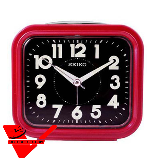 SEIKO นาฬิกาตั้งปลุก เครื่องเดินเรียบไร้เสียงรบกวน เสียงกระดิ่ง มีพรายน้ำ รุ่น QHK023R (สีแดง หน้าปัดดำ)