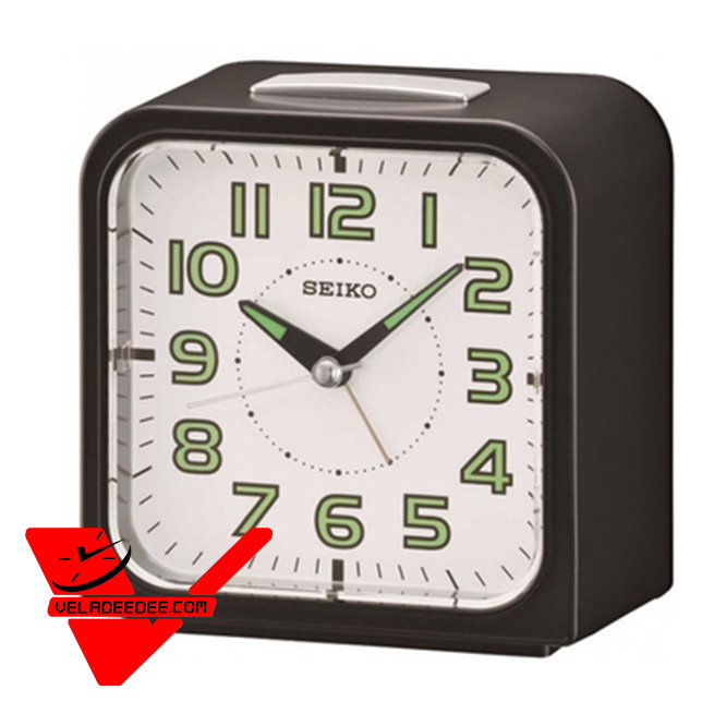 SEIKO นาฬิกาตั้งปลุก Bell Alarm มีพรายน้ำ รุ่น QHK025J สีดำหน้าปัดขาว