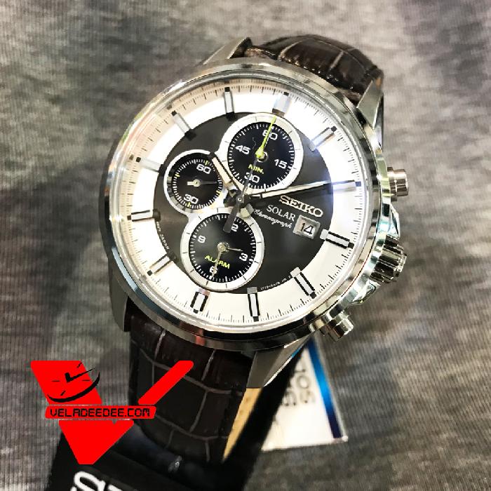 seiko solar alarm chronograph นาฬิกาข้อมือผู้ชาย สายหนังแท้ รุ่น SSC259P1 