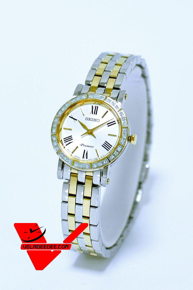Seiko premier Diamond Sapphire glass นาฬิกาข้อมือผู้หญิง สายสแตนเลส เพชรแท้ 36 เม็ด รุ่น SWR024P1 - Gold/White