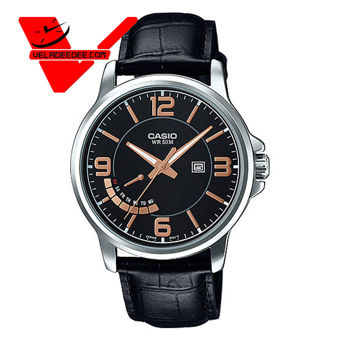 Casio Standard นาฬิกาข้อมือ  สายหนังแท้ แสดงวันที่  รุ่น MTP-E124L-1A