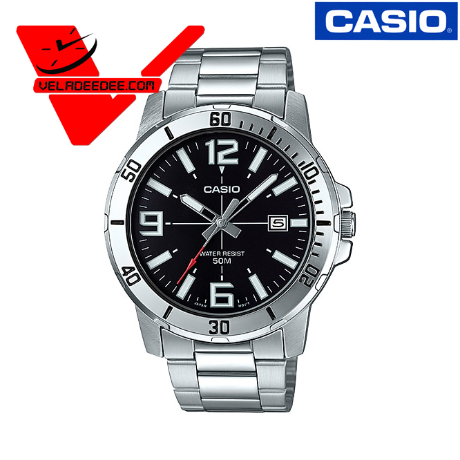 นาฬิกา Casio Standard MTP-VD01D (ประกัน CMG ศูนย์เซ็นทรัล 1 ปี) นาฬิกาข้อมือสุภาพบุรุษ  สายแสตนเลสแท้  รุ่น MTP-VD01D-1BVUDF (หน้าดำ)  Veladeedee