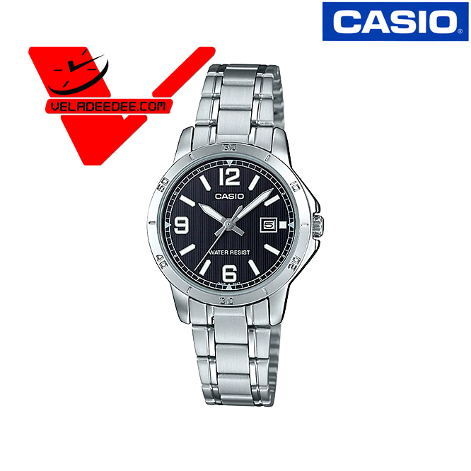 Casio Standard นาฬิกาข้อมือสุภาพสตรี (ประกันCMG) สายสเตนเลส รุ่น LTP-V004D-1B2 (หน้าดำ) 