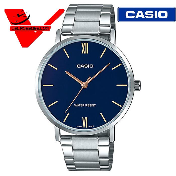 นาฬิกา Casio Standard MTP-VT01D (ประกัน CMG ศูนย์เซ็นทรัล 1 ปี) นาฬิกาข้อมือสุภาพบุรุษ สายแสตนเลสแท้ รุ่น MTP-VT01D-2BUDF (หน้าน้ำเงิน) Veladeedee