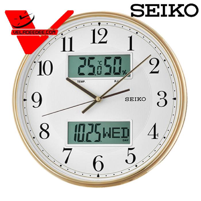 Seiko Office Clock นาฬิกาแขวน ขนาด 12นิ้ว หน้าปัดแสดงปฏิทินและหน้าปัดแสดงอุณหภูมิ ความชื้น แบบ LCD รุ่น  QXL014G (ขอบทอง)